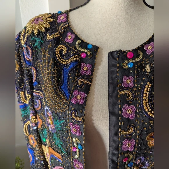 Laurence Kazar Vintage Beaded Black Multi-Color Embellished Jacket - Picture 5 of 7